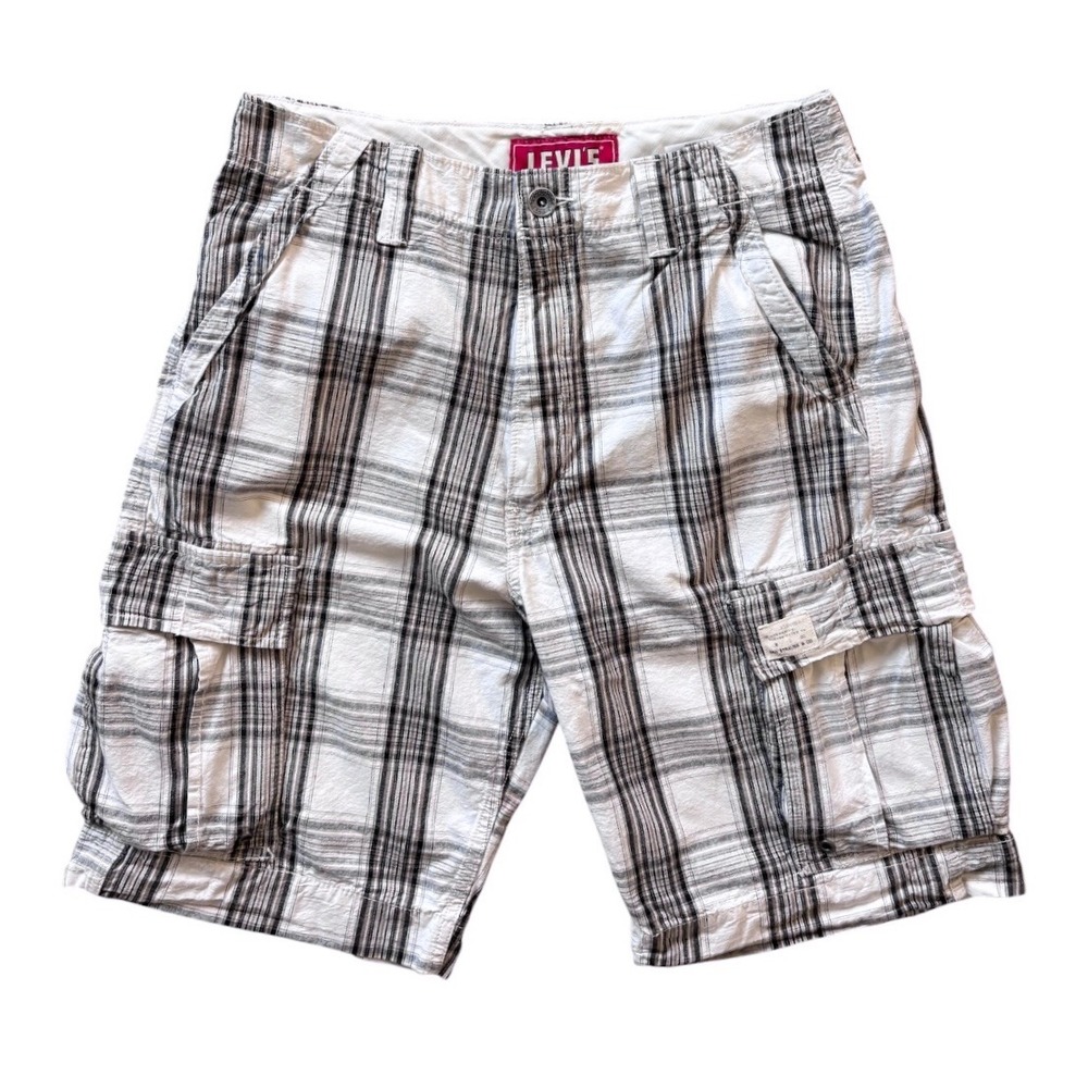 Levis Mens Plaid Cargo Shorts Sz 33 White Black Cotton Utility Streetwear Grunge